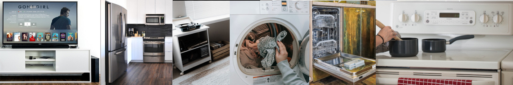 mosiac of big screentv, refrigerator, kitchen appliances, sound system, dryer, dishwaster, convection cooking surface